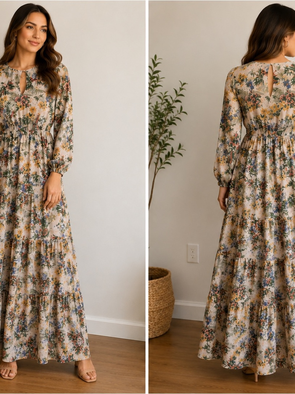 Floral Tiered Long Sleeve Maxi Dress - Cream Floral